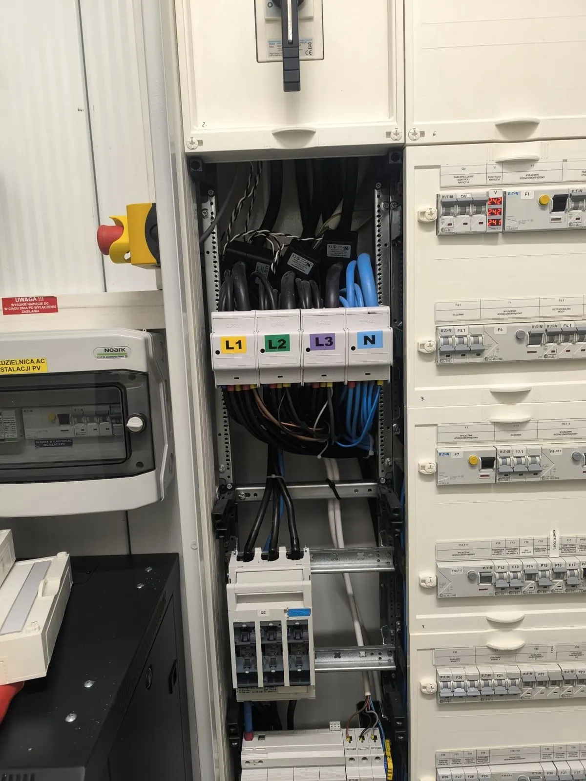 Rozdzielnica elektryczna z opisanymi fazami